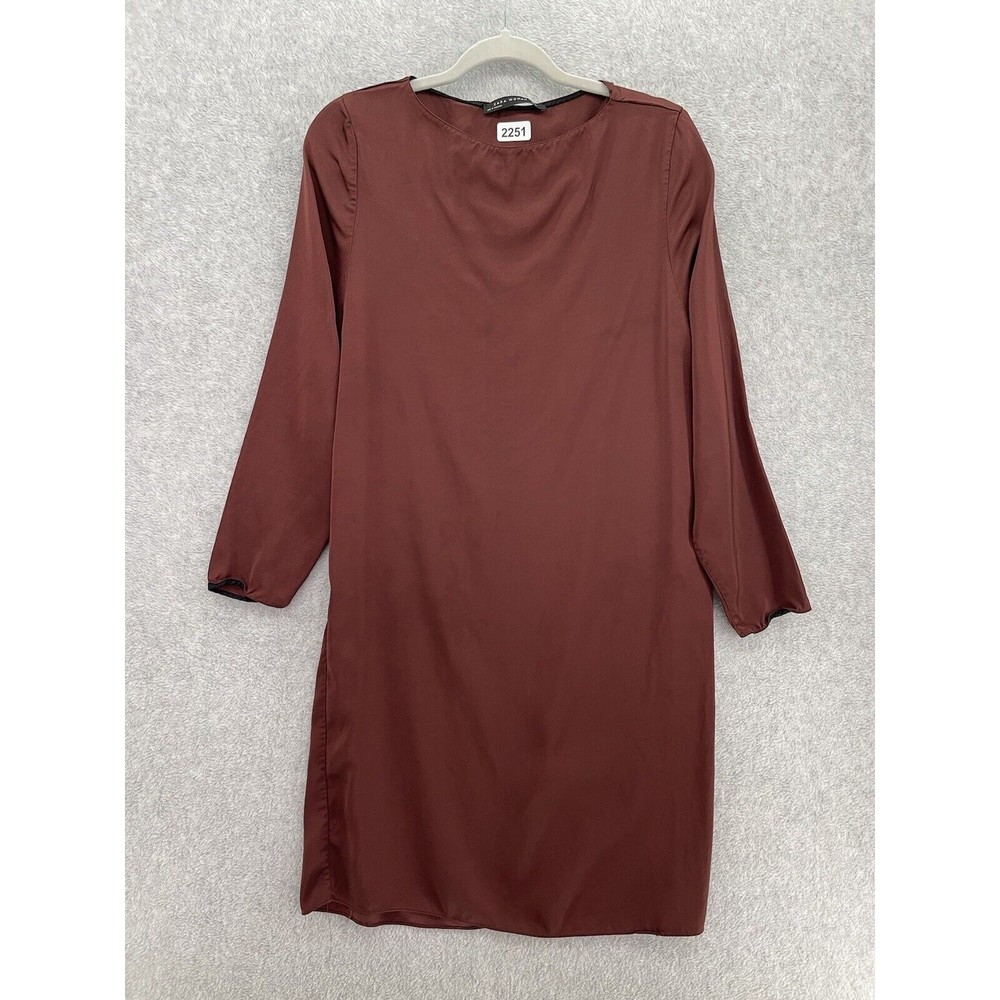 ZARA Women's Shift Dress Solid Burgundy Size Medium Long Sleeve Knee Length